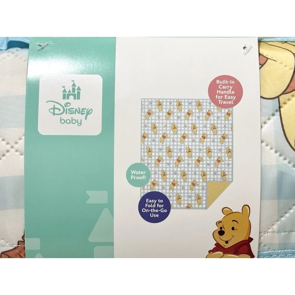 Disney Baby Winnie the Pooh Outdoor Picnic Blanket Gingham Blue Waterproof 50x60